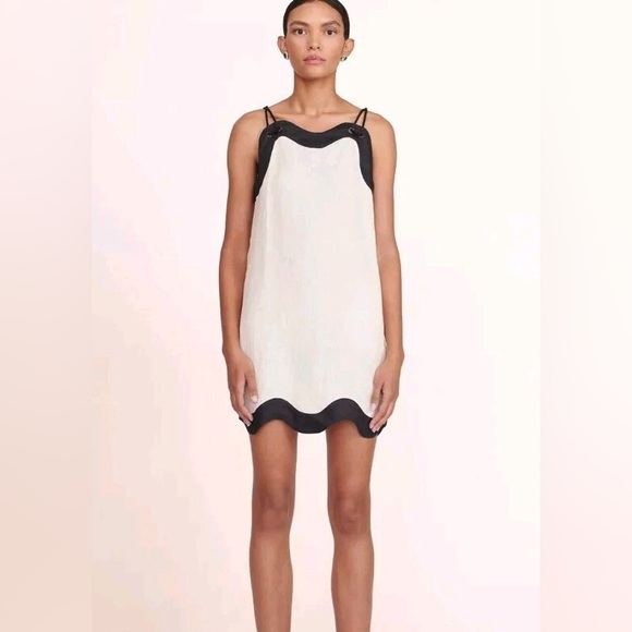 Staud Renata Linen Dress Wavy Trim Mini Rope Strap Sz S Natural Black $275 - Picture 1 of 7